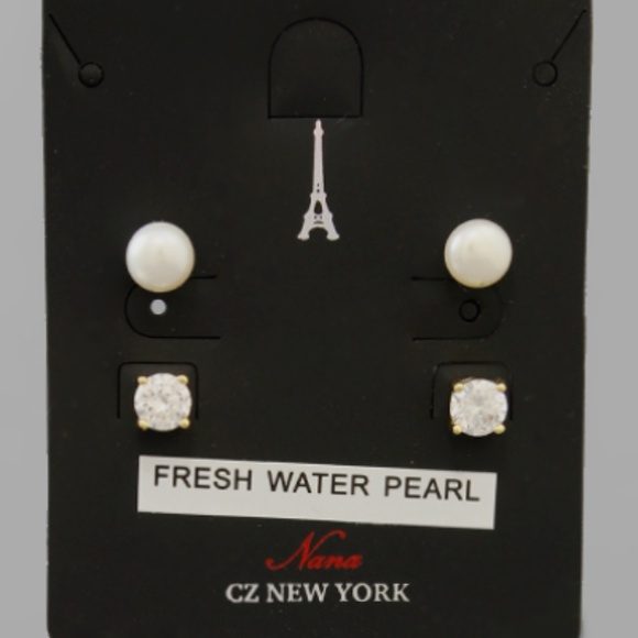 Freshwater Pearl & CZ Studs Set - Picture 2 of 2